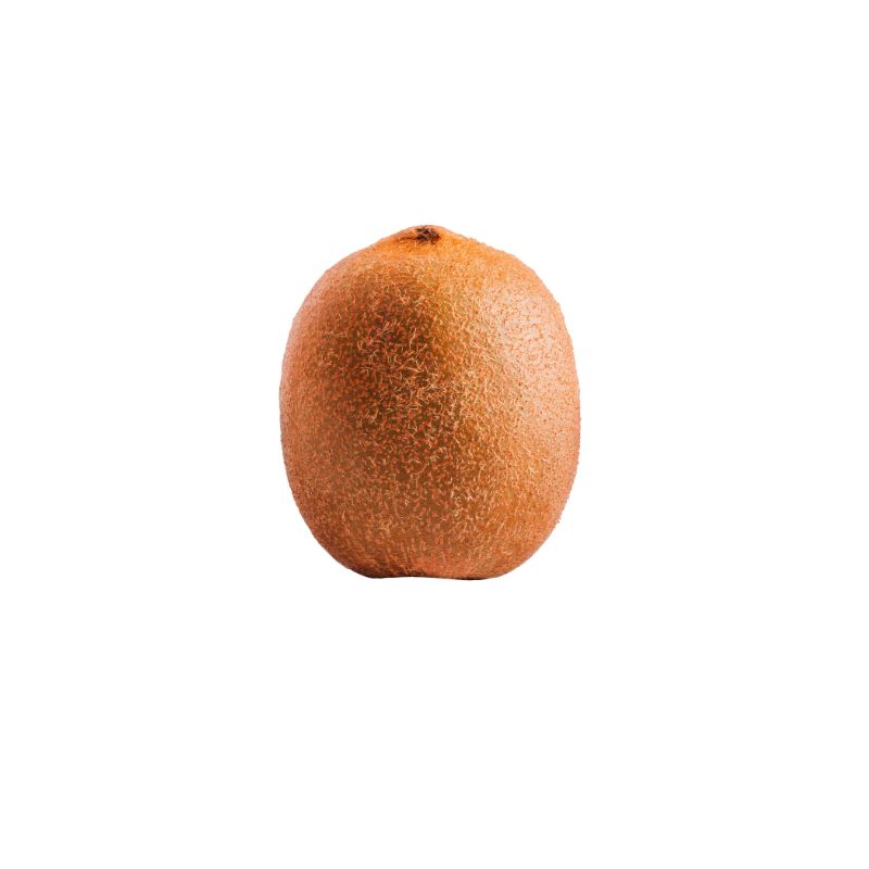 kiwi vert entier avec sa peau brune et duveteuse sur fond blanc