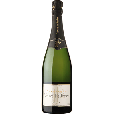 Bouteille de Champagne Veuve Pelletier Brut avec capsule noire et étiquette blanche.