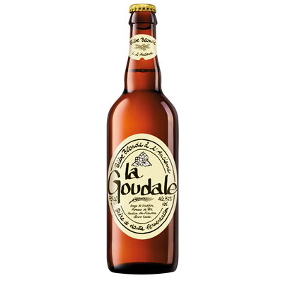 Bouteille de bière blonde Goudale avec étiquette traditionnelle et bouteille en verre ambré.