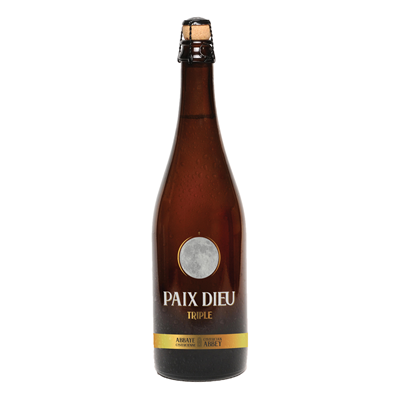 Bouteille de bière Leffe Blonde avec étiquette jaune et bouteille en verre ambré.
