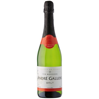 Bouteille de vin mousseux André Gallois Brut avec habillage noir et rouge.